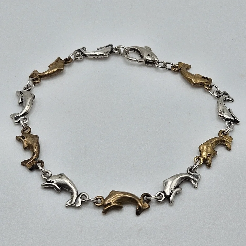 VINTAGE Sterling Silver 925 Silver & Gold Tone Leaping Dolphin Link Bracelet